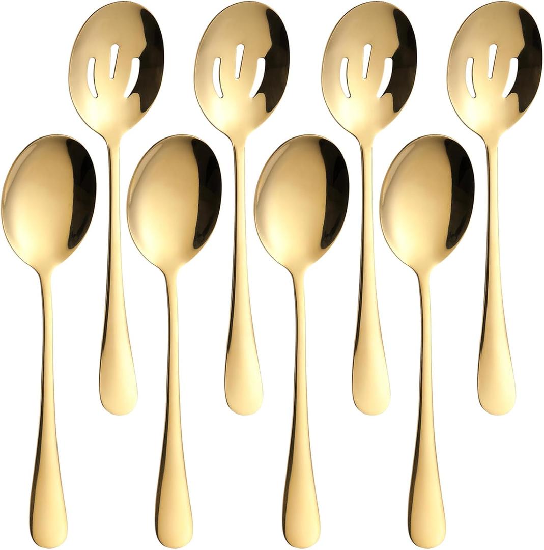 8-Piece Serving Spoon Set Gold - 4 Serving Spoons and 4 Slotted Spoons, Large Cutlery for Catering Buffet,Festival Kitchen Utensils, Dishwasher Safe, 8.7 Inches