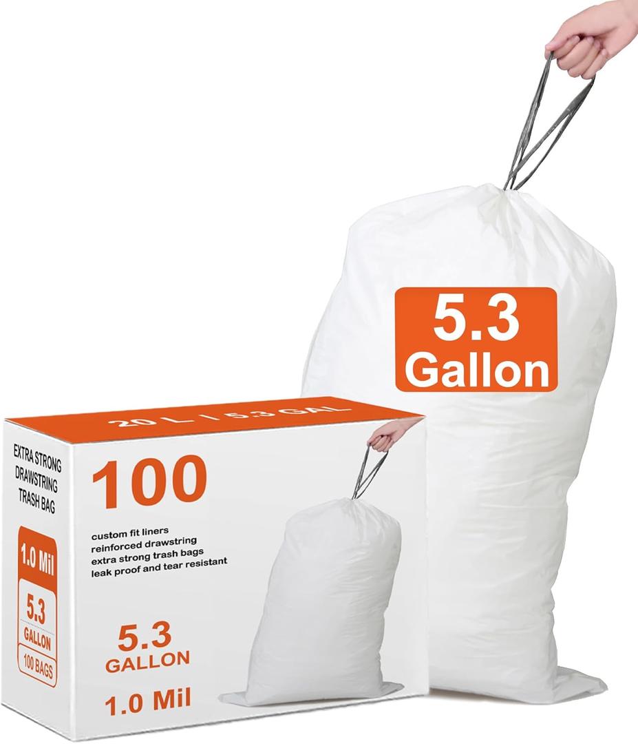 5.3 Gallon 100 Count Heavy Duty with Ultra Strong Drawstring Trash Bags White Garbage Can Liners 19 Liter Tear & Leak Resistant Drawstring Garbage Liners