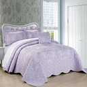Home Soft Things Damask 4 Piece Bedspread Set, Scalloped Edge Reversible Coverlet Comforter Prewashed Bedding Set, Matelasse Embossed Floral Solid Pattern,Lavender Fog Oversize Queen(110" x 120"), Oversized Queen 110" X 120"