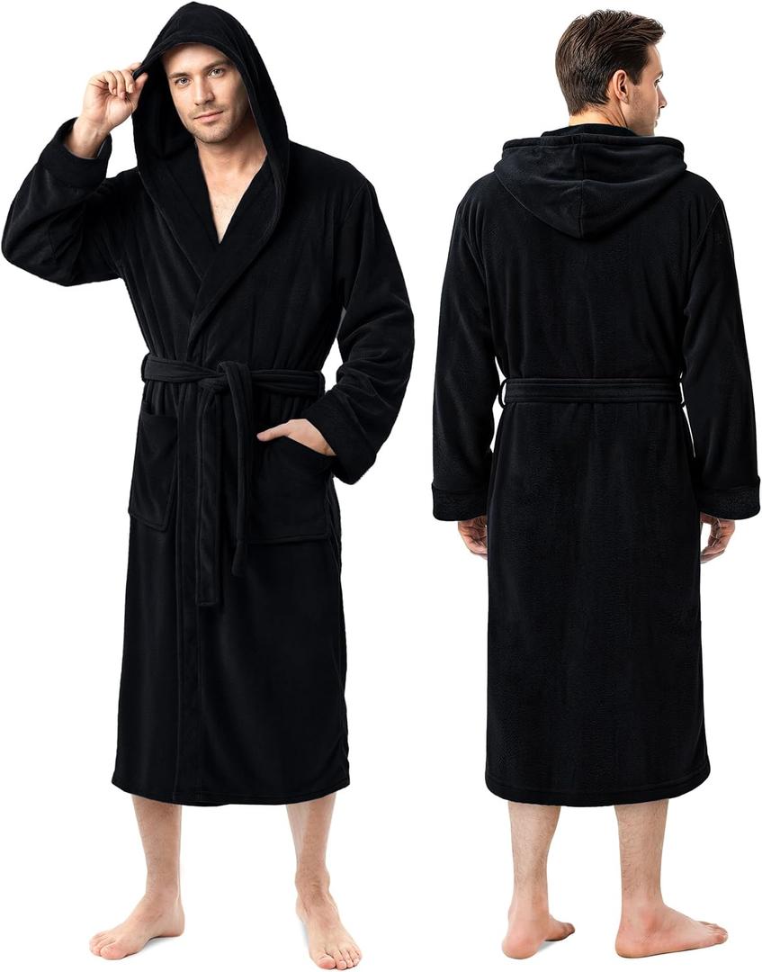 NY Threads Mens Robe with Hood, Luxury Plush Fleece Hooded Mens Bathrobe, Spa Bath Robe for Men, Black, 2XL/3XL