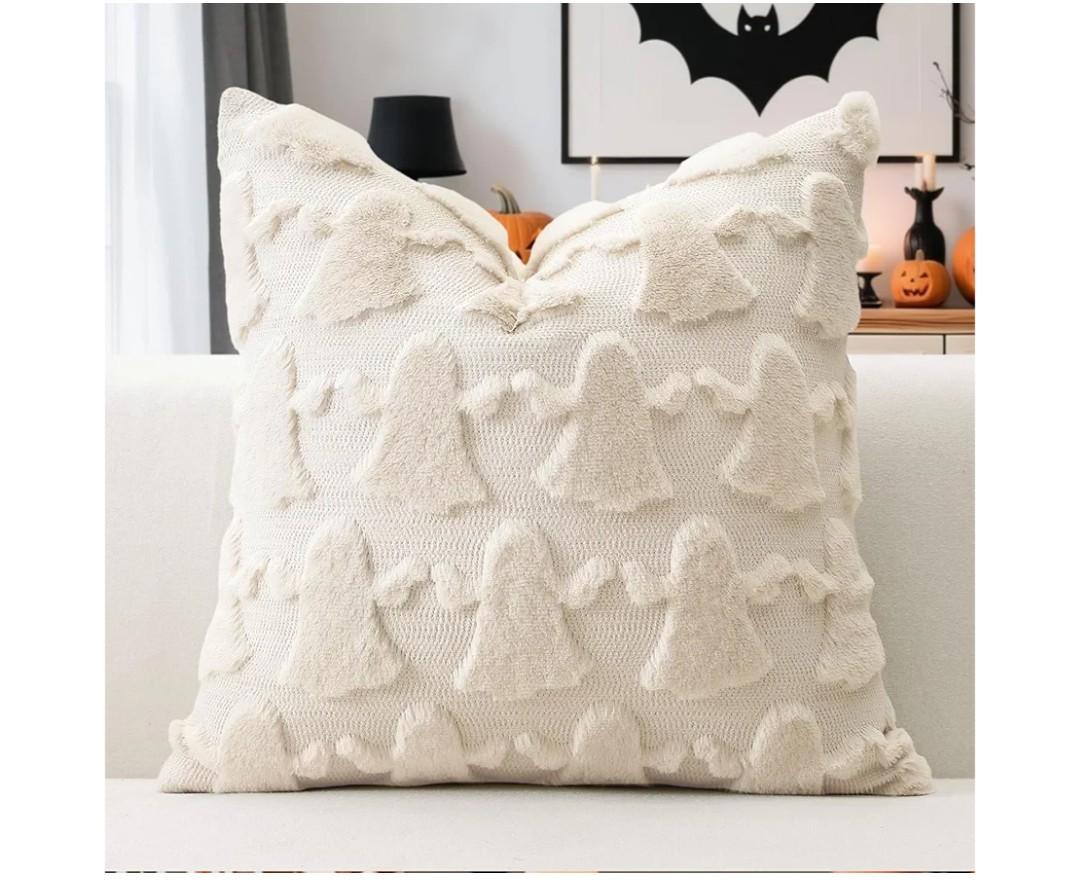 OTOSTAR Set of 1 Ghost Pillow Cover Halloween Throw Pillow Covers for Sofa Couch Bed Living Room Soft Plush Short Wool Velvet Farmhouse Pillowcase for Thanksgiving Cream Beige, 36*91