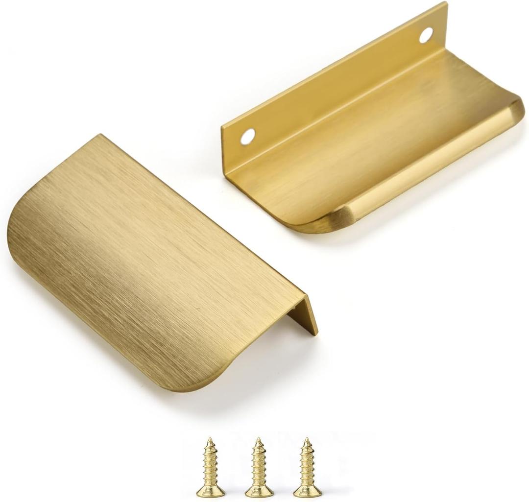 Edge Finger Tab Pull for cabinets Kitchen Concealed Drawer pulls Aluminum Hidden Door Handle Home 10 Pack Modern Brushed Brass 3.15" Overall Length Easy Installation