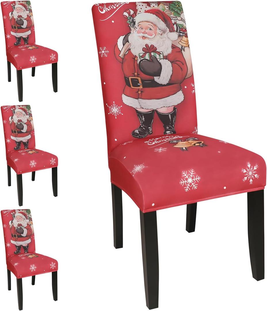 JQinHome Christmas Chair Covers Set of 4,High Stretch Removable Washable Chair Seat Protector Cover for Christmas Decoration-Christmas Theme Decor with Snowflake(Santas Gift) Picture May Differ