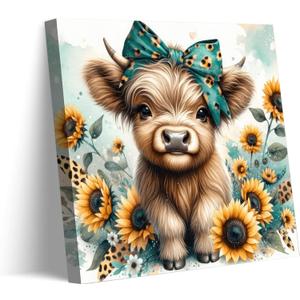 Cute Highland Cow Canvas Wall Art Amiable Sunflower Baby Calf Wall Decor Picture Rustic Farmhouse Wildlife Poster Print Painting for Bedroom Bathroom Baby Room Home Decoration Prepare To Hang