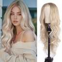 Long Ash Blonde Wig for Women 26 Inch Long Wavy wig Middle Part Natural Looking Synthetic Heat Resistant Wigs with Dark Roots Balayage Culry Wig for Cosplay Halloween Daily Use
