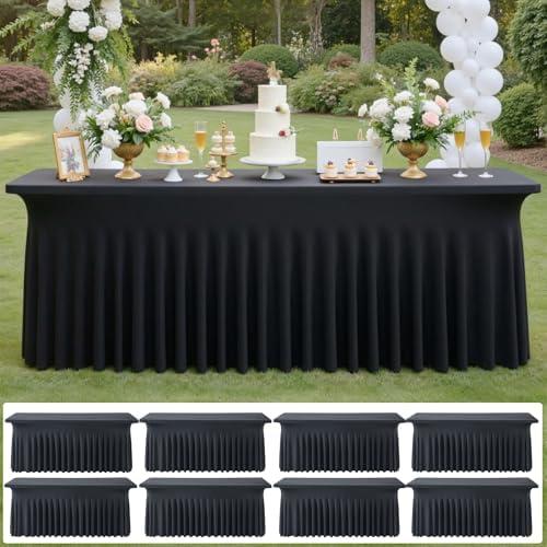 6 pk Black Spandex Tablecloth 8ft with Ruffled Skirt,Wrinkle Free High Stretch Fitted Tablecloths for 8 Foot Rectangle Tables,Pleated Elastic Spandex Table Covers 6ft for Parties Wedding Banquet