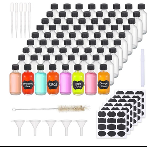 72, 2oz Small Clear Glass Bottles with Lids Boston Round Sample Bottles for Essential Oil Vanilla Hot Sauce Juice Whiskey Bourbon Liquid come with 5 Funnels, 5 Droppers, 72 Labels, 1Brush&Chalk Marker