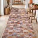 DEXI Hallway Runner Rug, 2x5 Distressed Non Slip Runners Carpet, Boho Vintage Soft Thin Indoor Rug, Stain Resistant Washable Entry Mat for Entryway Kitchen Laundry Room Living Room, Brown Blue