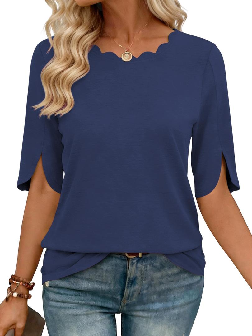 2 x JomeDesign Boho Tops for Women Dressy Casual Short Sleeve Tunic Shirts Round Neck Summer Vacation Blouses Navy Blue S (Blue, S)
