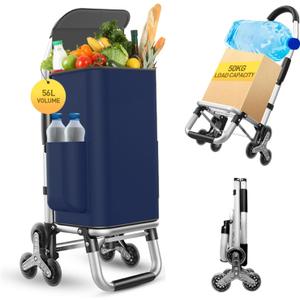 Heavy Duty 3 in 1 Shopping Cart, Foldable Hand Truck with 6 Wheels, 110 lbs Grocery Cart, Portable Utility Dolly, Waterproof Bag for Moving, Camping (Navy Blue)