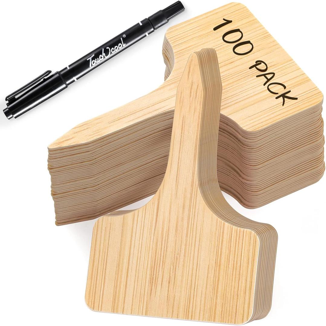 VITEVER 100pcs Plant Labels, T-Type Plastic Tags with Marker Pen, Waterproof Garden Signs for Outdoor Plants (3.9 x 2.4)