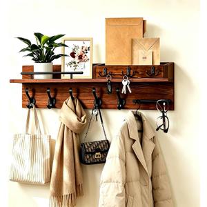 Wall Mount Wooden Coat Rack with Shelf, Entryway Key Hook Rack for Hallway