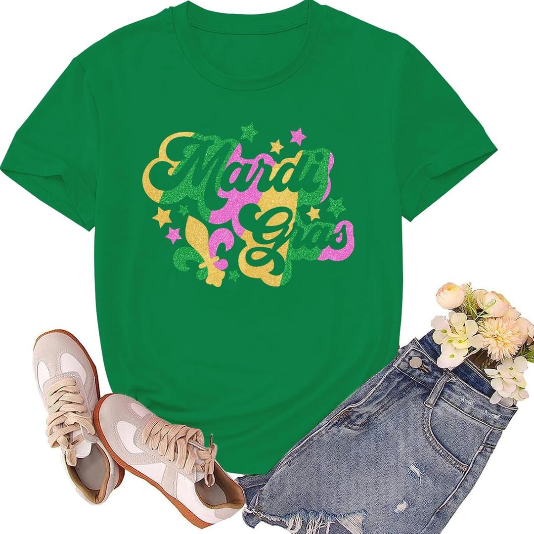 Mardi Gras Shirts for Women Fat Tuesday Tshirts New Orleans Carnival Party Fleur De Lis Tee Tops (Green, L)