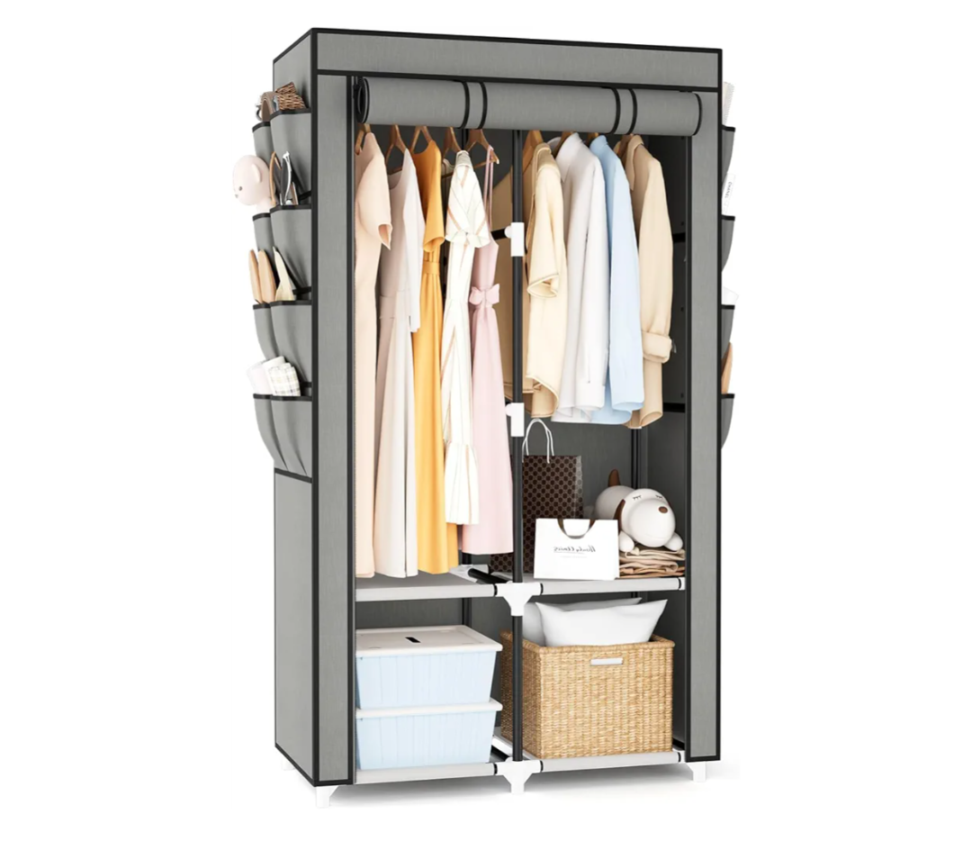 Portable Closet for Hanging Clothes, Portable Wardrobe Closet with Cover, 4 Storage Shelves, 2 Hanging Rods and 8 Side Pockets, Easy Assembly and Sturdy Free Standing Closet for Bedroom, Grey