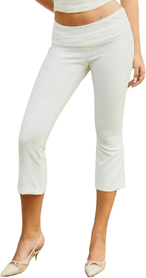Women's Fold Over Capri Pants Elastic Low Waist Knee Length Stretch Tight Sold Color Yoga Pants (White, S)