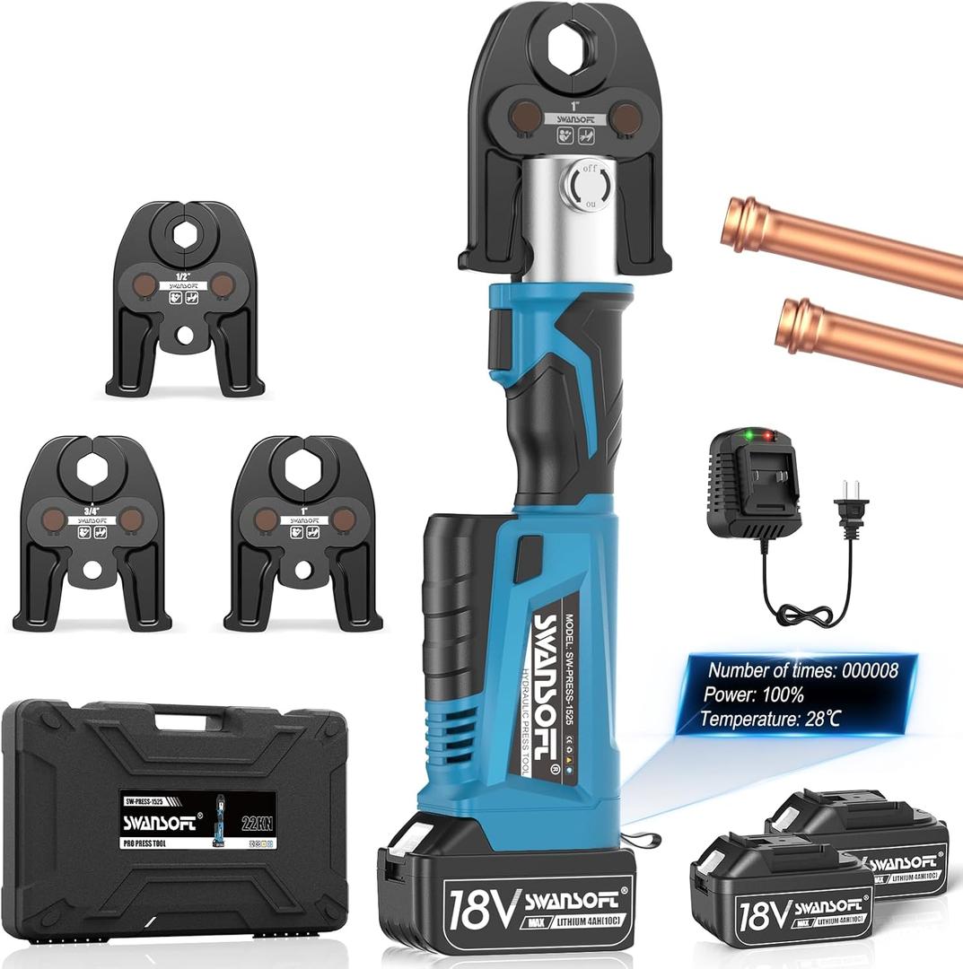 SWANSOFT ProPress Tool, 18V 4Ah Battery Electric Hydraulic Crimping Tool for Copper Pipes with 3 US Compact VUS 1/2", 3/4'', 1",Jaws Pro Press Copper Plumbing Crimper Tool Kit (SWPR-1525B)