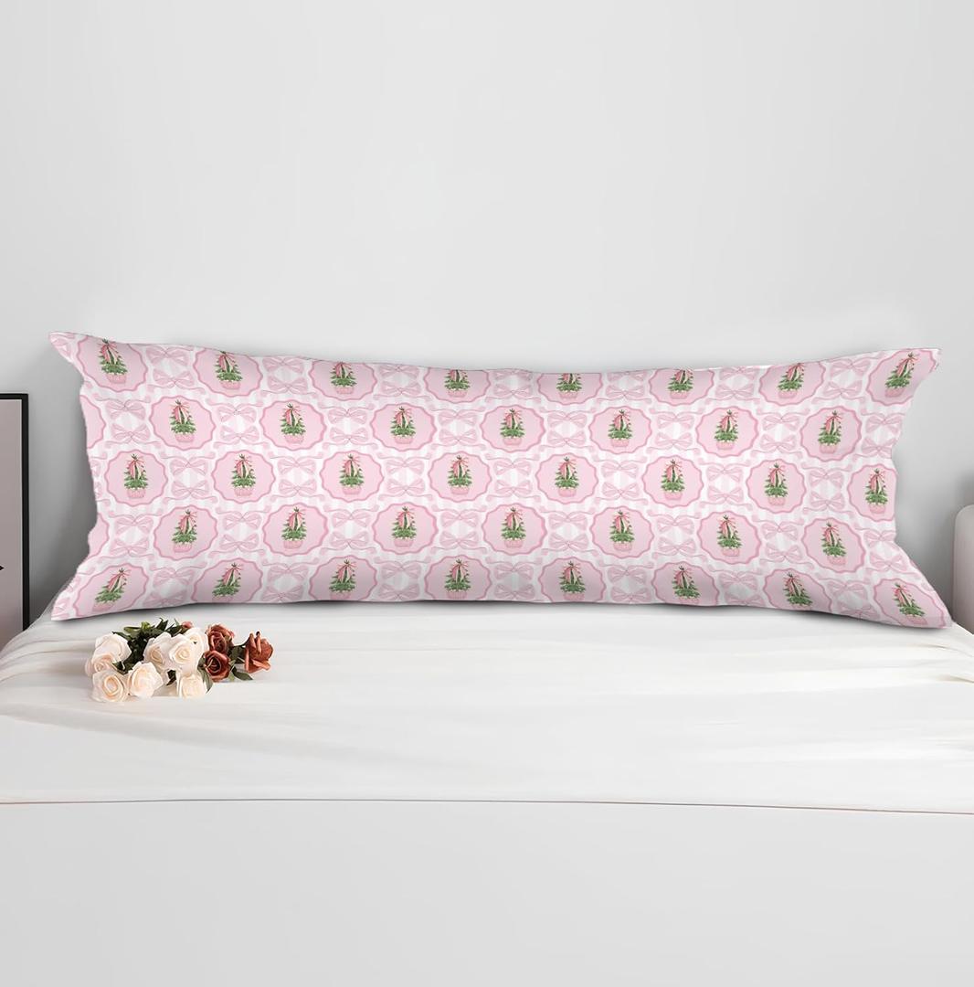 Pink Chinoiserie Christmas 20x54 Body Pillow Cover with Zipper,Grandmillennial Christmas Decor,Coquette Preppy Pink Bow Xmas Striped Decorative Long Hug Pillow Cases for Bed Couch
