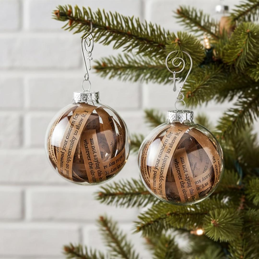 2Pcs Christian Christmas Ornaments Bible Ball Religious Gift Rescued Antique Bible Glass Religious Hanging Ornament with Silver Cross Xmas Tree Decoration for Home Office Church