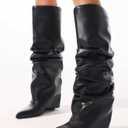 Knee High Shark Boots For Women, Fold Over Ruched Slouchy Pleated Boots With Wedge High Heels Pointed Toe Pull On Mid Calf Boots, size 7.5