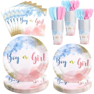 175 Pcs Gender Reveal Plates and Napkins, Boy or Girl Gender Reveal Party Decorations Includes Gender Reveal Paper Plates Napkins Cups Plastic Cutlery for Baby Reveal Party,Serves 25