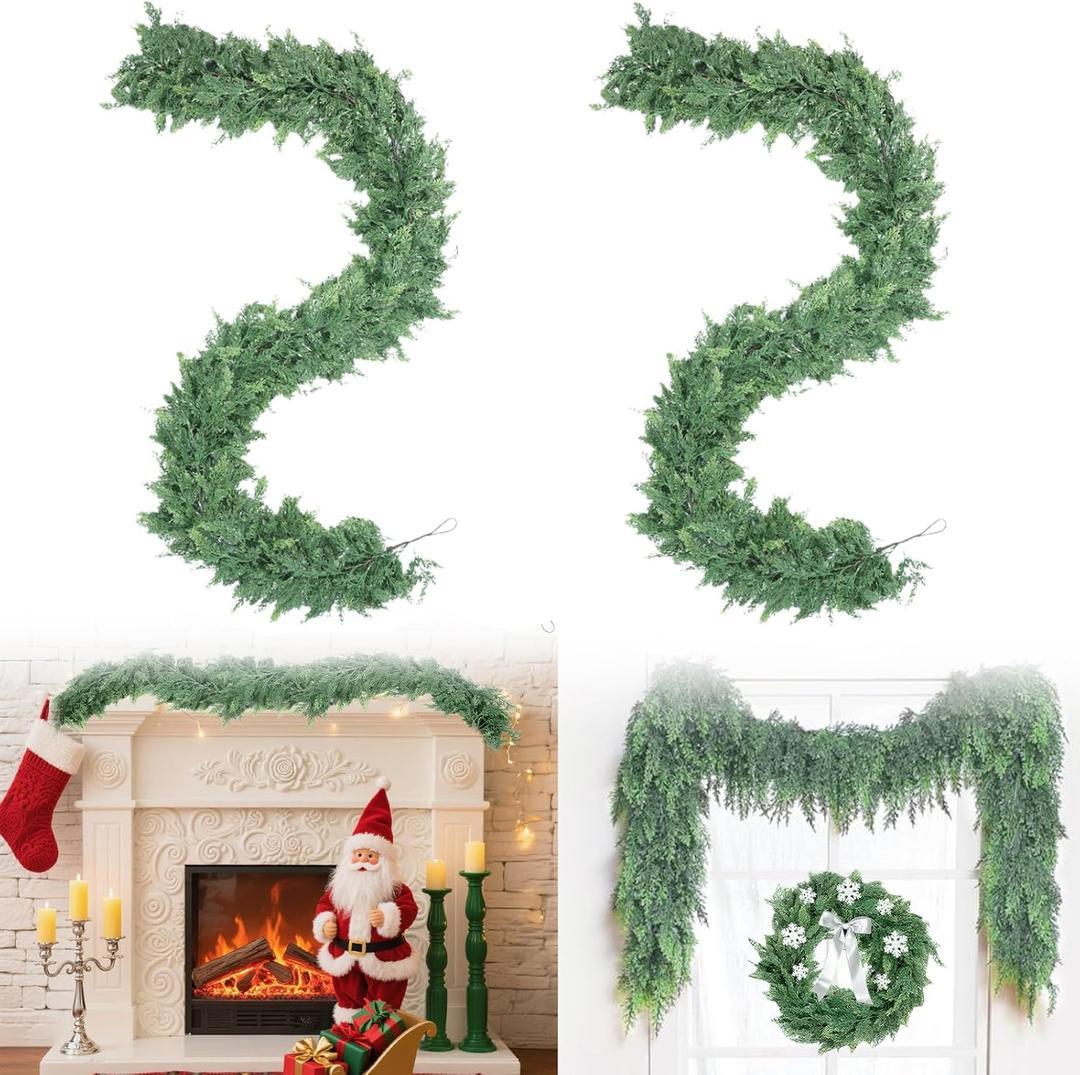 9FT Artificial Christmas Garland (2-Pack), Realistic Norfolk Pine & Cedar Greenery, Thick and Lush Christmas Tree Garland for Staircase, Mantle, Fireplace, Indoor Outdoor Decor