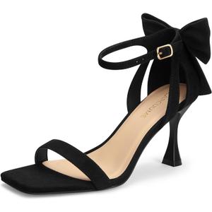 Carcuume Women's Square Toe Heels Bow Tie Ankle Strap Heel Sandals Open Toe Wedding Shoes (Black), Size 7.5