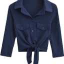 Women Tie Front Top V Neck Button Down 3/4 Sleeve Cropped Cotton Blouse with Pockets for Work Vacation (Blue, M)