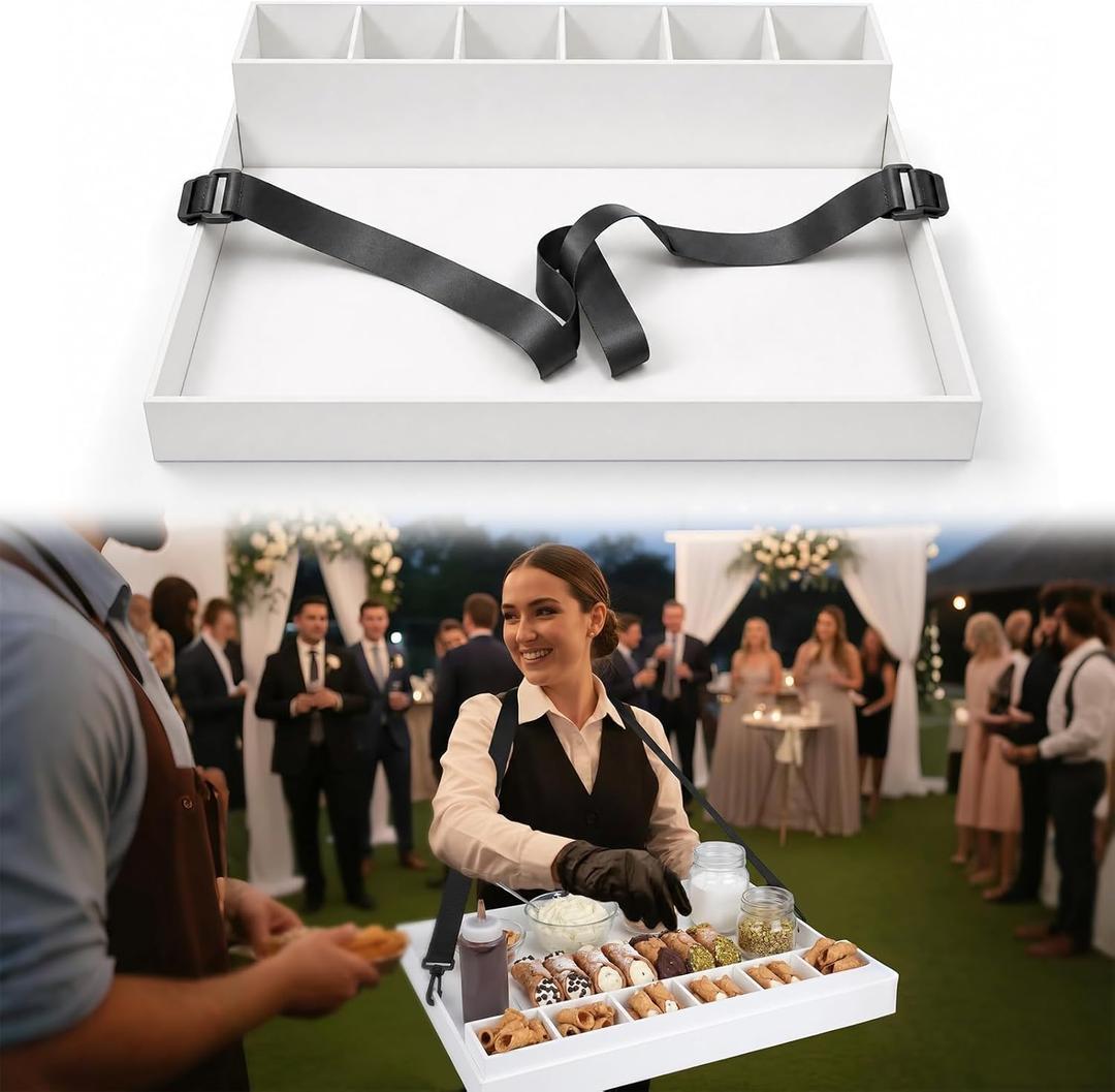 Wearable Acrylic Walking Cannoli Station Set 22x16 ''Usherette Serving Tray with 21x3x3 Removable Insert Tray with Adjustable Strap Mobile Cannoli Station for Wedding Party(Classic,White)