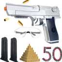 Foam Blaster Pistol Toy Gun with Shell Ejecting  Safe for Kids Ages 6+  Includes 50 Soft Bullets & Goggles  32ft Shooting Range  Fun Indoor Outdoor Party Game  Great for Foam Dart Battles (Silver)