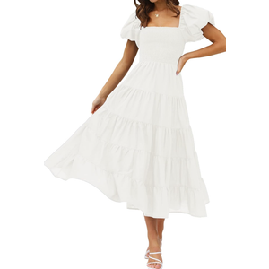 ZESICA Women's 2025 Summer Square Neck Short Puff Sleeve Solid Color High Waist Casual Smocked Flowy A Line Tiered Midi Dress  (Medium, White)