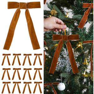12 Pcs Khaki Velvet Ribbon Bows Christmas Tree Ornaments Vintage Velvet Bows for Tree Garland Wreath Indoor Xmas Decorations (3/8'' Wide, 5 * 7 inch) Color: Khaki