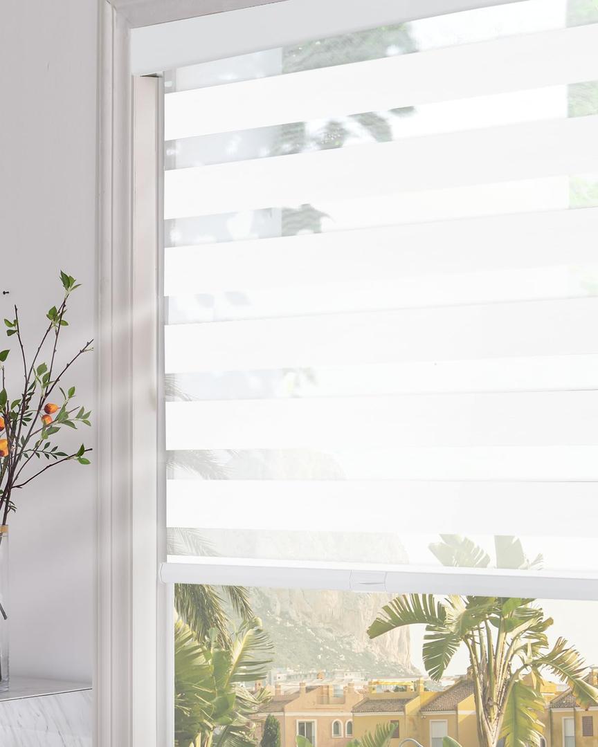 Persilux Blackout Cordless Zebra Blinds for Windows (34" W x 72" H, White) with Upgraded Cassette Light Filtering Dual Layers Sheer Window Shades for Office and Home, Easy to Install