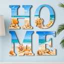 Honoson 4 Pcs Blue Ocean Beach Wall Art Decor Summer Coastal Aesthetic Wood Home Letters Sign Hanging Blue Seaside Art Rustic Seashell Starfish Sea Life for Decorative Bedroom Living Room Kitchen Home