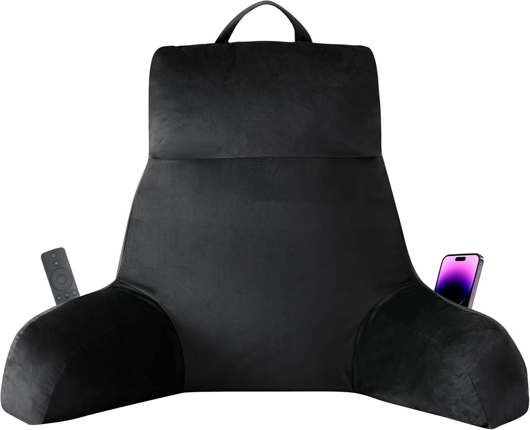 IPYNBAP Reading Pillow with Arms for Adult, Back Pillow for Bed Sitting Up, Shredded Memory Foam Backrest Pillow with Pockets & Removable Washable Cover, Lounging, Watching TV, Reading(24inch Black)