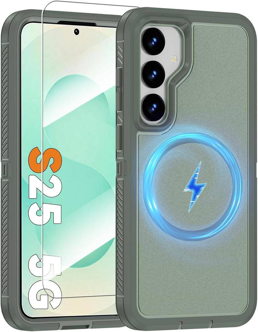 Magnetic Case for Samsung Galaxy S25 with Screen Protector [Compatible with MagSafe Wireless Charging] [Dual Layer Military-Grade Protection] Heavy Duty Rugged Shockproof Protection Cover, Green