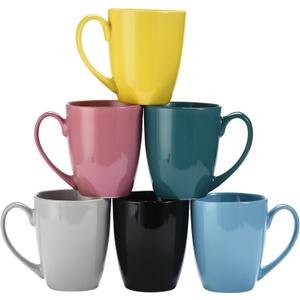 Bruntmor 6 Pack Large Coffee Mug Set - Large-sized Ceramic Drinking Cup for Coffee, Tea, Juice - Colorful Dinnerware Cups - Assorted Colored Mugs - Dishwasher Microwave Safe, 8 oz