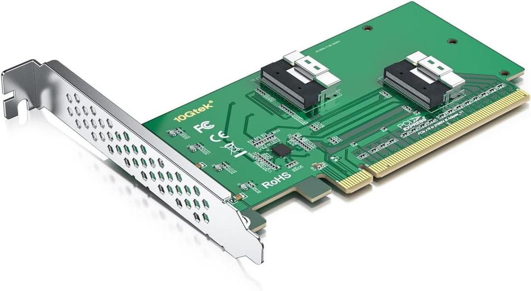 PCIe 4.0 x16 to Dual SFF-8654 Adapter Card for U.2 NVMe SSD, SlimSAS 8i Interface, with Full-Height and Low-Profile Bracket, Requires Bifurcation Support