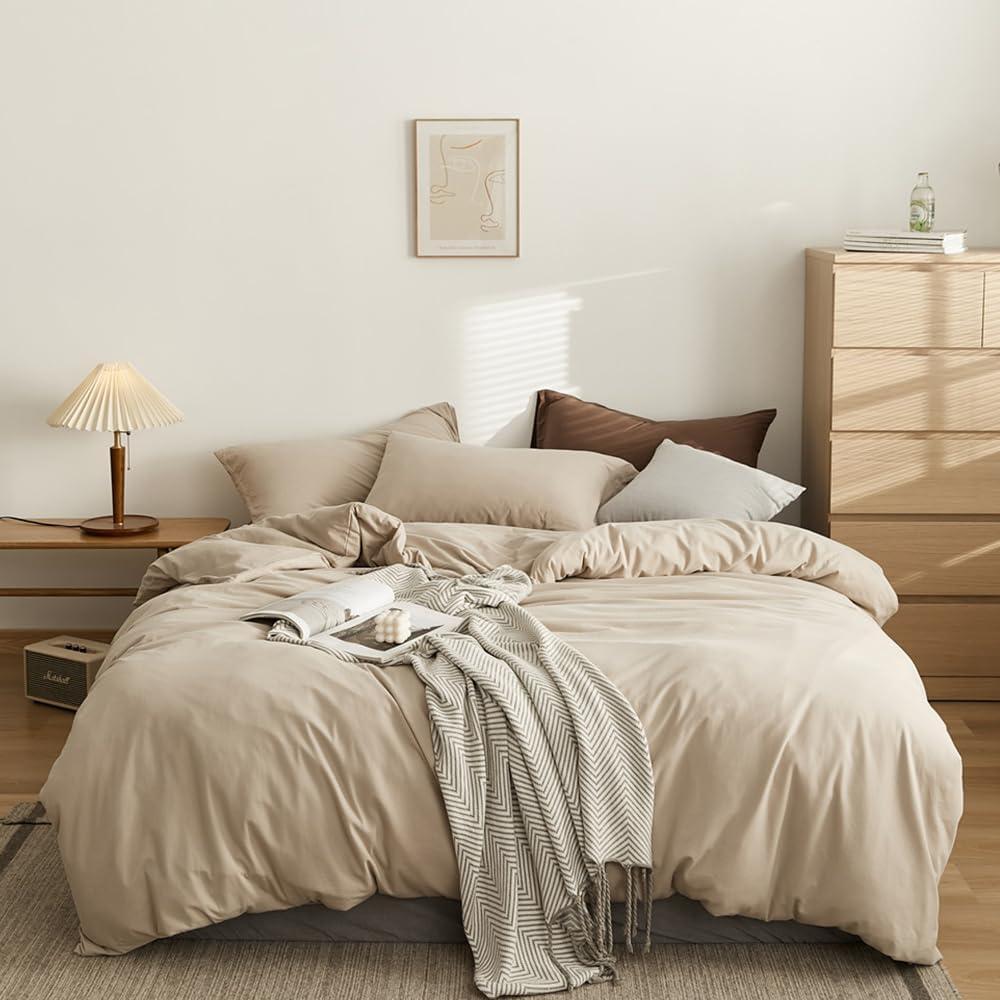 CLOTHKNOW Light Khaki Queen Comforter Set 3Pcs Oatmeal Bedding Comforter Sets All Season Soft Coffee Cream Comforter Beige Taupe Queen Size Comforter Sets