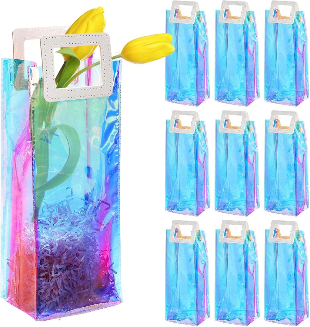 Frcctre 10 Pack Holographic Gift Bags with Handle, 13" H x 5.5" L x 3.75" W Reusable Clear PVC Gift Wrap Bags Wine Gift Bags for Birthday Christmas Weddings Housewarming Bachelorette Party