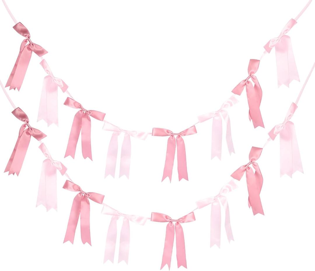 Pink Bow Garlands Banner Decoration, 2 Strings 16PCS Pre-Strung Satin Ribbon Hanging Ornaments for Birthday Baby Shower Girls Nursery Décor Wedding Party Bow Themed Supplies 6.5 Feet