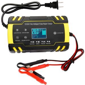 Automatic Smart Battery Charger Car 12V/24V | Pulse Repair Charger with LCD Display | Intelligent Mode Overvoltage Protection Temperature Monitoring for Car, Truck, Motorcycle, Boat, SUV, ATV