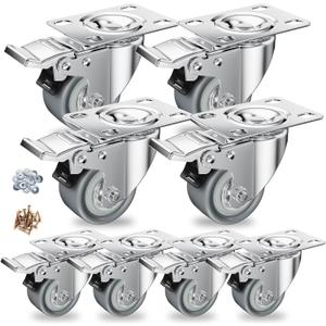2 inch Caster Wheels, Casters Set of 8 Heavy Duty - CLOATFET Locking Casters, Swivel Caster Wheels with Brake (Top Plate), Non Marking Grey TPR Rubber Castor Wheels for Cart Furniture Workbench
