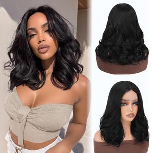 14 Inch Middle Part Wavy Wig for Women, Natural Hairline Small Lace Front, Soft Yaki Mixed Fiber, Glueless Heat Resistant Synthetic Curly Wig, Black Short Wavy Layered Wig