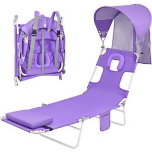 Backpack Beach Tanning Chair with Canopy Sun Shade & Face Hole, 6 Position Folding Lounge Sun Chair for Adults Outside Reading Sunbathing Poolside Camping Lawn, UPF 50+, Patent Design (Purple)
