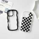 NITITOP Compatible with iPhone 16 Pro Case Cute Clear Curly Wavy Frame Shape Aesthetic Checkerboard Checkered Pattern for Women Girls Shockproof Soft TPU 2 in 1 Protective Phone Cover - Black
