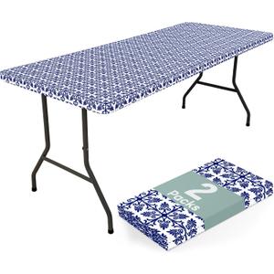misaya 2 Pack 6 Foot Rectangle Picnic Tablecloth, Elastic Fitted Waterproof Table Cover, Windproof Washable Polyester Table Cloth for Camping, Indoor and Outdoor (Navy, 30" x 72")