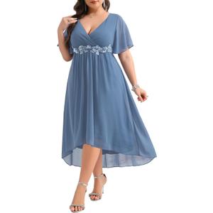 TALISEA Plus Size Dresses Wedding Guest - Formal Cocktail Chiffon Appliques V Neck Ruffle Short Sleeve High Low Dress Women (Grey Blue, 16 Plus)