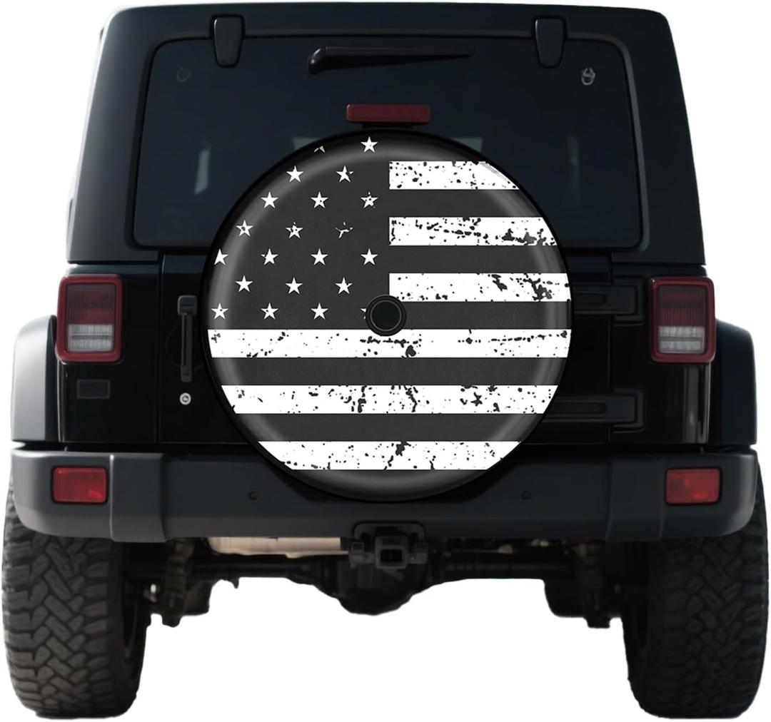 Black White Vintage American Flag Spare Tire Cover with Camera Hole, for Wrangler Tire Cover with Backup Camera Hole, SUV RV Trailer and Many Vehicle (17 Inch for Diameter 82"-83")