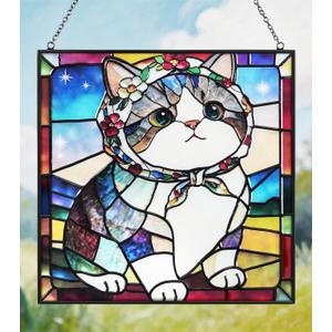 Cat Stained Glass Window Hanging, 7.9" Square Suncatcher with Chain Suction Cup, Cute Kitten Sun Catchers Indoor Window, Colorful Cat Decor for Wall, Porch, Birthday, Tuxedo Cat