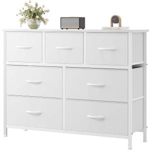 OLIXIS 7 Drawer Fabric Dresser, Storage Tower for Bedroom and Closet
White Easy-Pull Bins for Closet Organizers, Chest of Drawers with Sturdy Steel Frame & Wooden Top for Living Room, Entryway